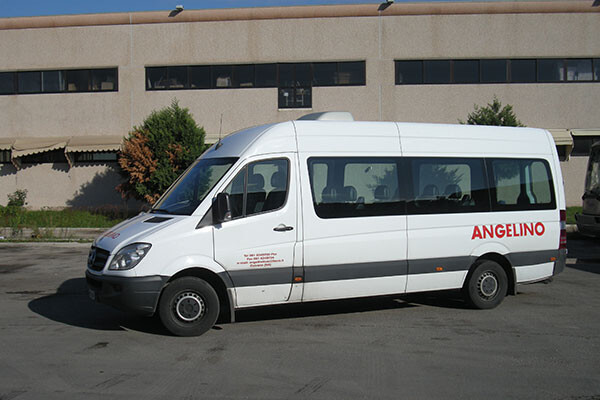 Mercedes Sprinter con pedana per disabili della flotta Angelino, vista tre quarti anteriore